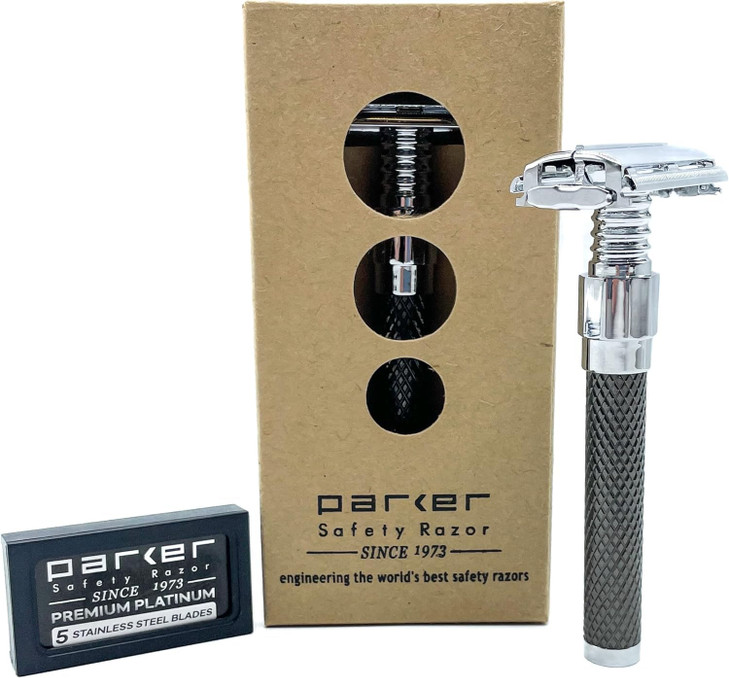 Parker 92R Graphite Gray, Long Handle Heavyweight Butterfly Open Double Edge Safety Razor for Men, 5 Parker Premium Platinum Double Edge Razor Blades