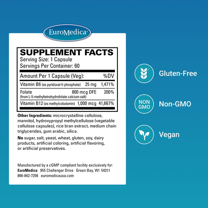 EuroMedica Active B Complex - Supplement to Aid Heart Health with Bioactive B Vitamins - Supplement with Folate & Calcium - B Complex Capsules to Aid