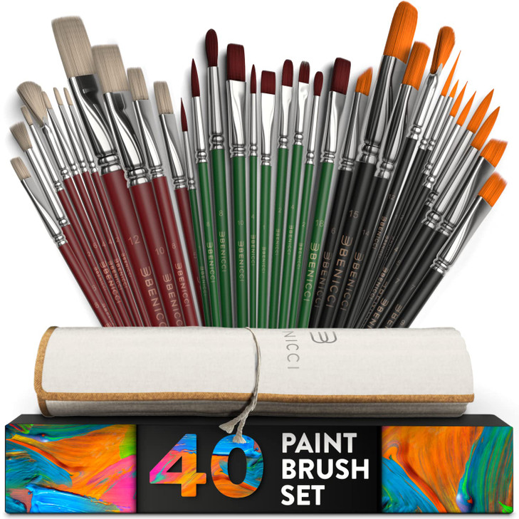 40 Pieces Professional Artist Paint Brush Set with Storage Case - Includes Round and Flat Art Brushes with Hog, Pony, Nylon Hair Bristles - Perfect f