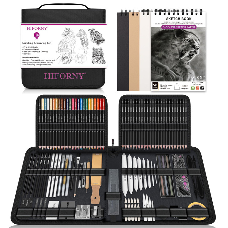 HIFORNY 126 PCS Drawing Kit Sketching Pencil Set,Sketch Pencils Art Supplies with 3-Color Sketchbook,Graphite,Charcoal,Blending Tools,Drawing Pencils