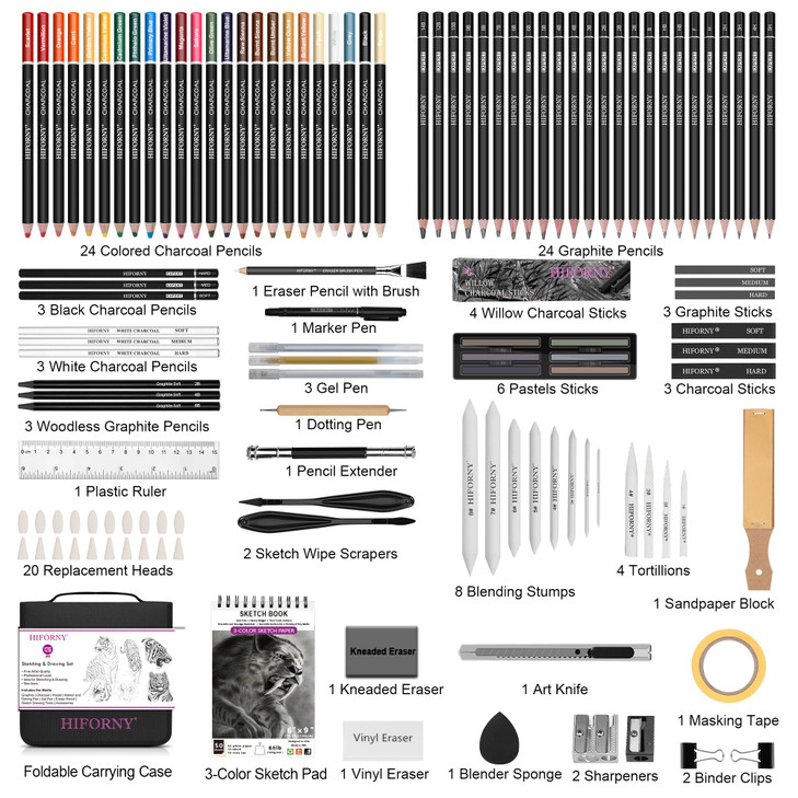 HIFORNY 126 PCS Drawing Kit Sketching Pencil Set,Sketch Pencils Art Supplies with 3-Color Sketchbook,Graphite,Charcoal,Blending Tools,Drawing Pencils