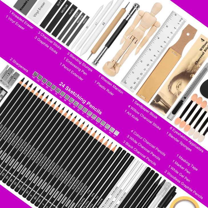 HIFORNY 70 PCS Drawing Set Sketching Kit,Sketch Pencils Art Supplies with Graphite,Charcoal,Blending Tools & Accessories,Portable Zippered Travel Cas