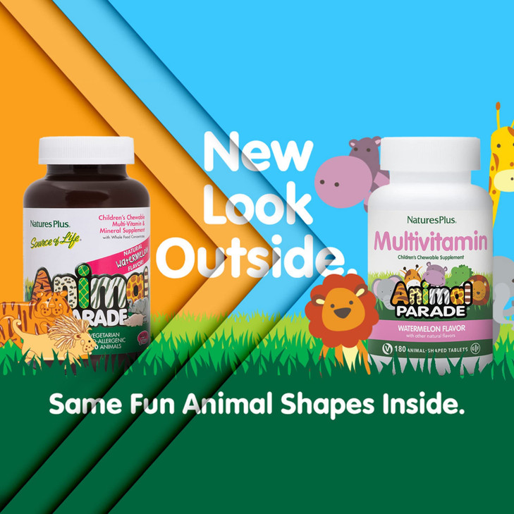 NaturesPlus Animal Parade Children's Chewable Multivitamin, Watermelon - 180 Animal-Shaped Tablets - Promotes Health & Well-Being - Vegan, Gluten Fre
