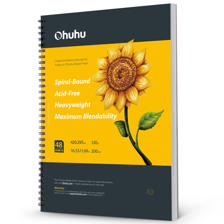 Ohuhu Marker Pads Art Sketchbook, 16.5"x11.7" XL A3 Large Paper Size, 120 lb/200 gsm Heavy Smooth Drawing Papers, 48 Sheets/96 Pages, Spiral Bound Sk