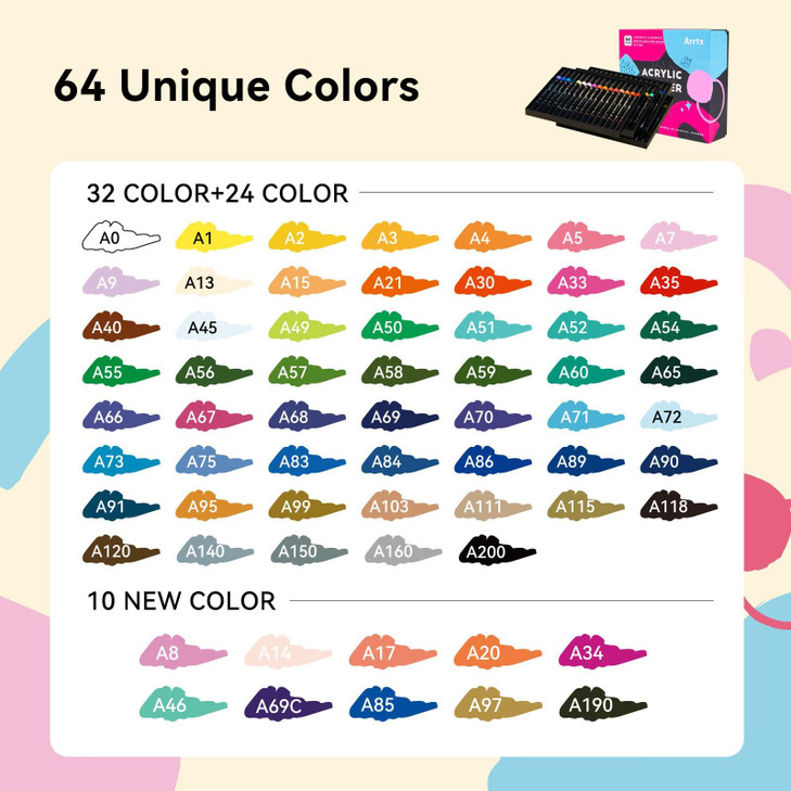 Arrtx 64 Colors Acrylic Marker for Rock Painting, Dual-Tip Pen, Art Supplies, Fabric Paint, Fabric Markers, Paint Pen, Art Markers, Waterproof Paint