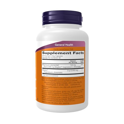 NOW Foods Supplements, Magtein with patented form of Magnesium (Mg), Cognitive Support*, 90 Veg Capsules