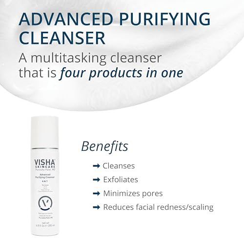 Visha Skincare Advanced 4 in 1 Multitasking Purifying Facial Cleanser, Face Wash to Reduce Facial Redness, Minimize Pores & Exfoliate Skin, Helps Res