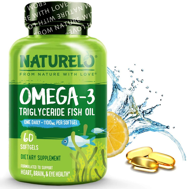 NATURELO Burpless Omega 3 Fish Oil Supplement - 1100mg Triglyceride Omega-3, EPA + DHA, Liquid Fish Oil for Heart, Eye, Brain, Joint Health - 60 Soft
