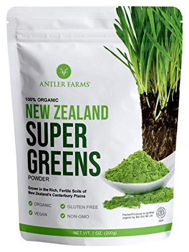 Antler Farms - 100% Pure Organic New Zealand Super Greens Powder, 40 Servings, 200g - Wheat Grass, Barley Grass, Chlorella, Spirulina - Vegan, Gluten