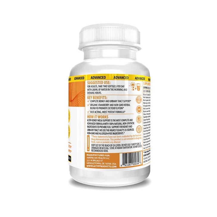 Actif Kidney Mega Support with 10+ Advanced Factors, Boosts Healthy Kidney Function, Kidney Cleanse, Non-GMO, Fast Acting, Made in USA, 120 Count