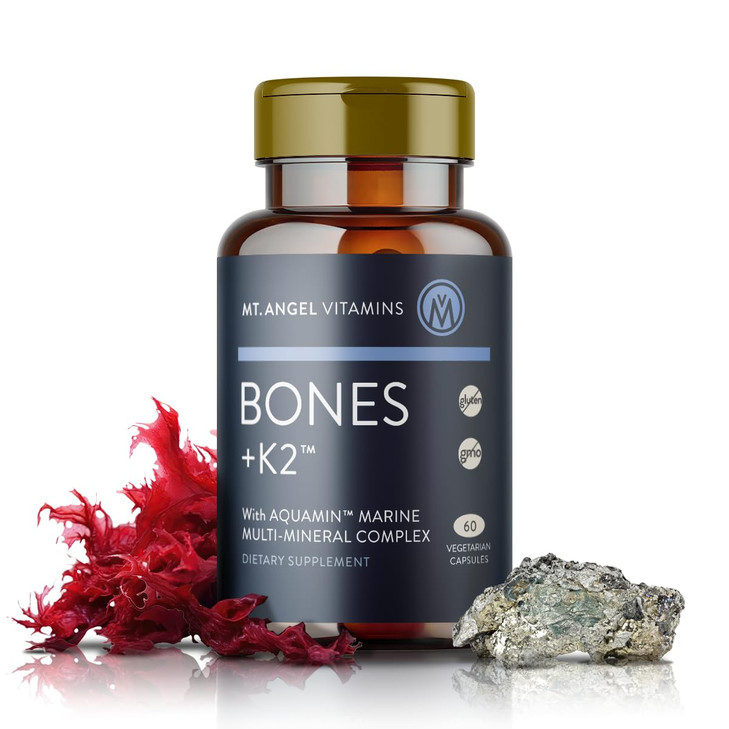 Mt. Angel Vitamins - Bones + K2, Comprehensive Bone Support Calcium Supplement, Aquamin 1600 mg, Magnesium, plus trace minerals, Vitamin K2 (MK7), Ma