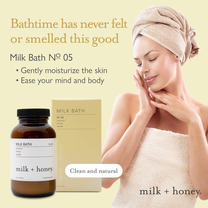 Milk + Honey Milk Bath No. 05  Moisturizing Coconut Oil Bath Soak with Vanilla & Lemon Peel, Luxurious Skin Softening Formula, 5.3 oz
