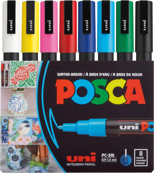 uni POSCA PC-3M Water-Based Paint Markers, Reversible Fine Tip (0.9-1.3mm), Assorted Colors, 8 Pack