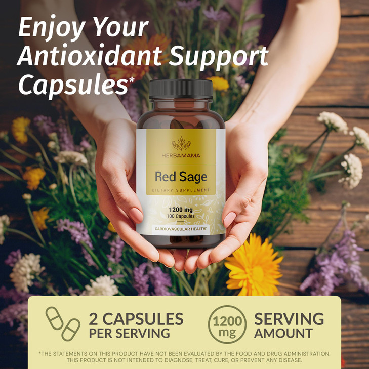 HERBAMAMA Red Sage Supplement Capsules - 1200mg Red Sage Root (Dan Shen) for Antioxidant Support - Vegan, Non-GMO Salvia Miltiorrhiza Supplement