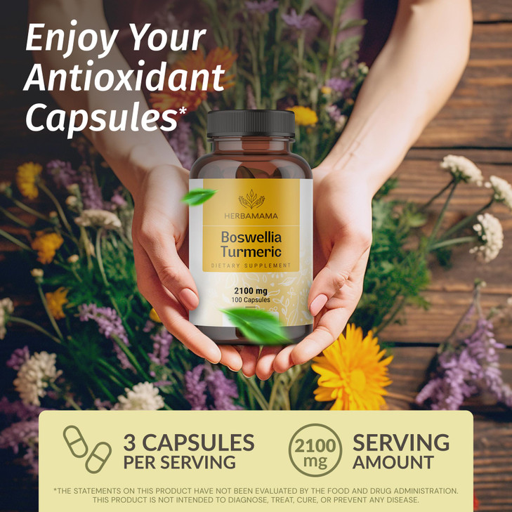 HERBAMAMA Turmeric and Boswellia Extract Capsules - 2100mg Boswellia Serrata & Turmeric Complex with Black Pepper Extract - Vegan, Non-GMO, 95% Curcu