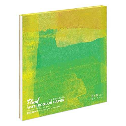 Fluid Artist Watercolor Block, 140 lb (300 GSM) Hot Press Paper Pad for Watercolor Painting and Wet Media with Easy Block Binding, 8 x 8 inches, 15 W