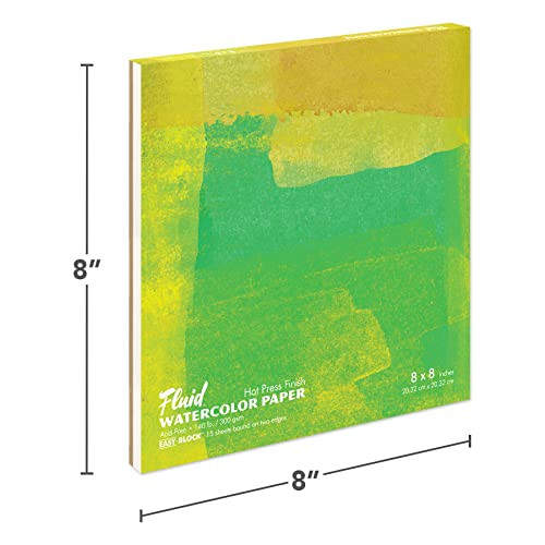 Fluid Artist Watercolor Block, 140 lb (300 GSM) Hot Press Paper Pad for Watercolor Painting and Wet Media with Easy Block Binding, 8 x 8 inches, 15 W