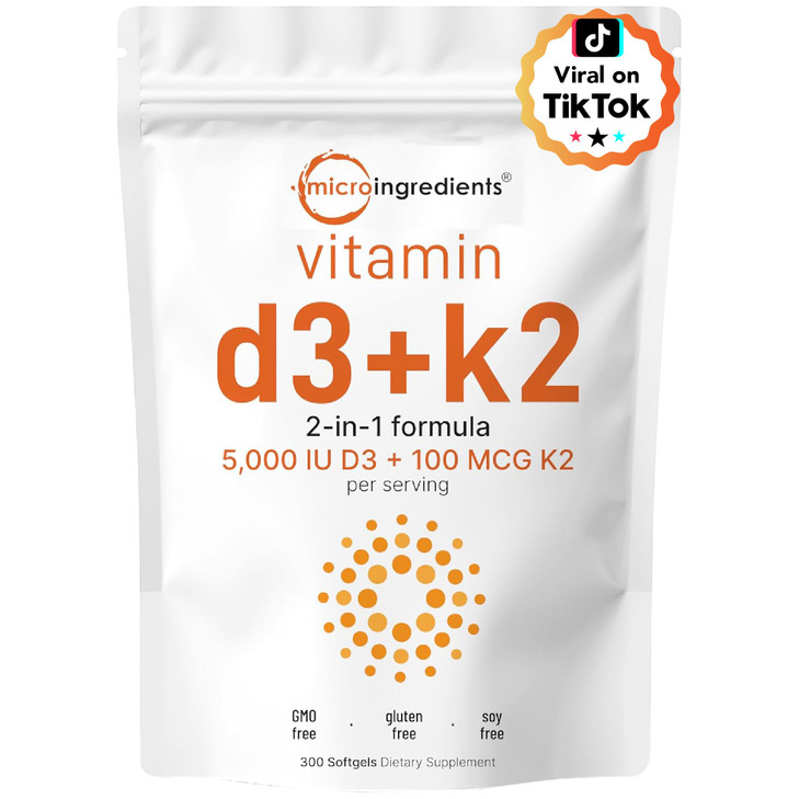Micro Ingredients Vitamin D3 5,000 IU + K2 MK-7 100 mcg, 300 Softgels | 2-in-1 Vitamins D & K Complex | Extra Strength, Easy to Swallow, Non-GMO, Glu