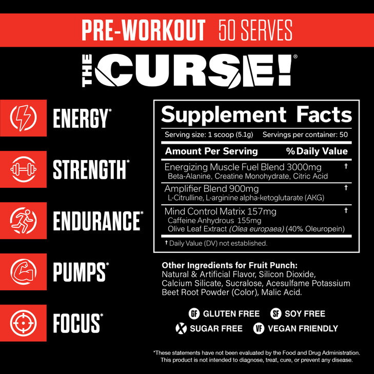 JNX SPORTS The Curse! Pre Workout Powder for Men & Women, Caffeine, Beta-Alanine, Creatine, L-Citrulline, 50 Servings, Fruit Punch Flavor  Boost Ene
