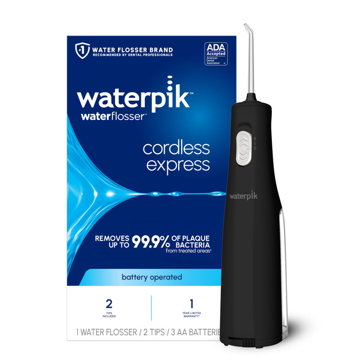 Waterpik Cordless Express Water Flosser, Battery Operated & Portable for Travel & Home, ADA Accepted, Waterproof for Shower Use, Black WF-02, Packagi