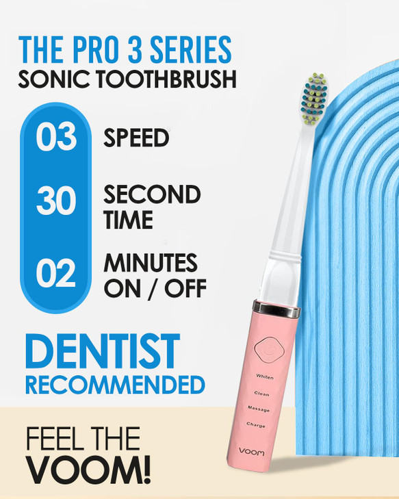 Voom Sonic Pro 3 Rechargeable Electric Battery Powered Toothbrush With Soft Dupont Nylon Bristle Dentist Recommended Portable Oral Care 2-Minute Time