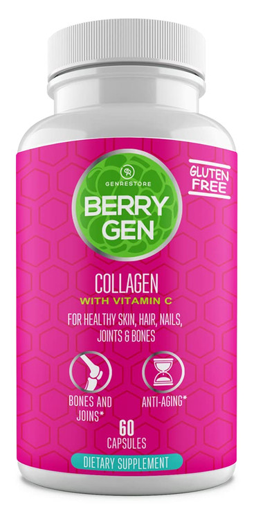 Berry Gen Restore Collagen Peptides Supplement with Vitamin C, Biotin, and Hyaluronic Acid - 60 Capsules - Natural Formula - Supports Joints, Hair, S