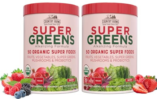 Country Farms Super Greens Berry Flavor, 50 Organic Foods, USDA Drink Mix, Multicolor, Multi, 40 Servings, 21 Oz, 2 Pack