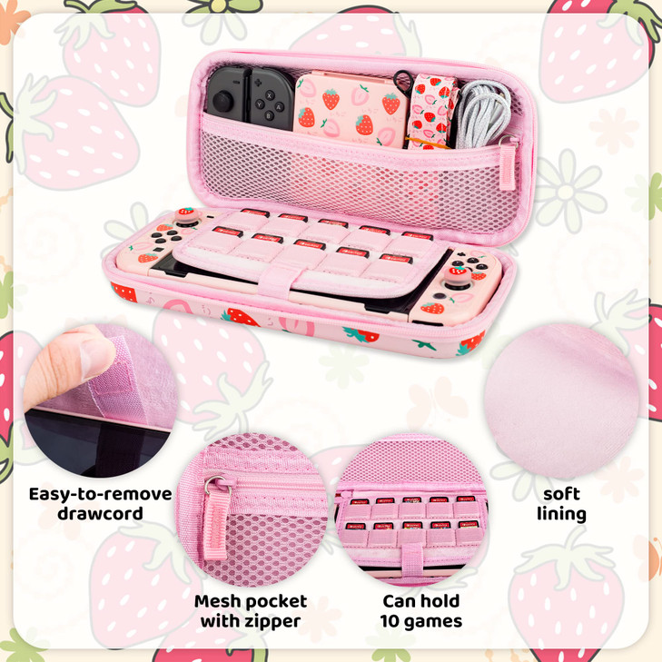RHOTALL 6 in 1 Cute Strawberry Carrying Case Set for Nintendo Switch OLED,Portable Pink Travel bundle Case for Switch OLED Accessories,Protective Cov