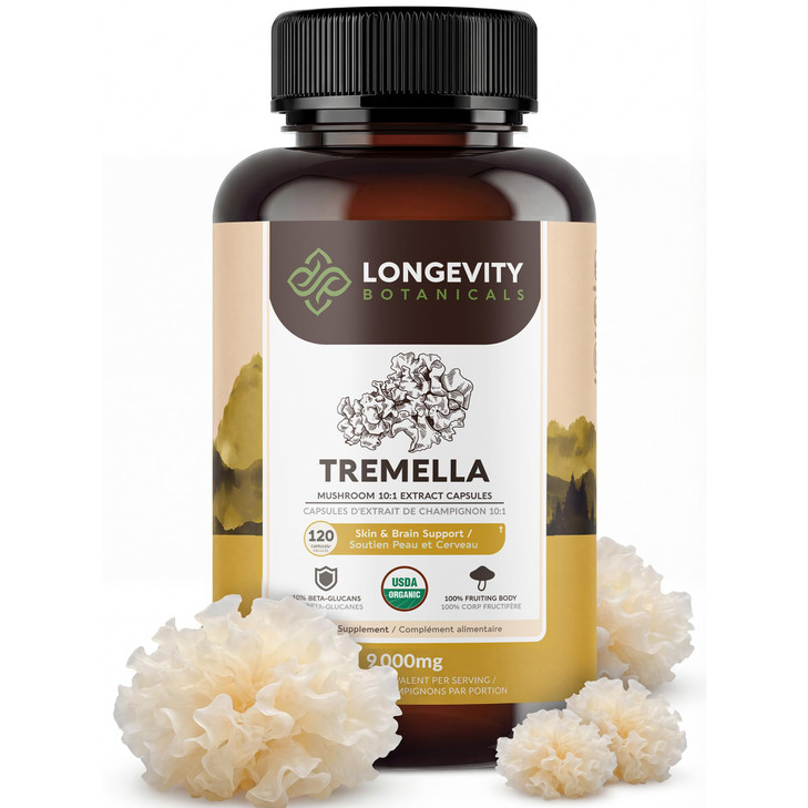 Organic Tremella Mushroom Capsules Supplement (120) | Fruiting Body 10:1 High Strength Snow Fungus Extract | 10% Beta-D Glucans | 9,000mg Raw Equival