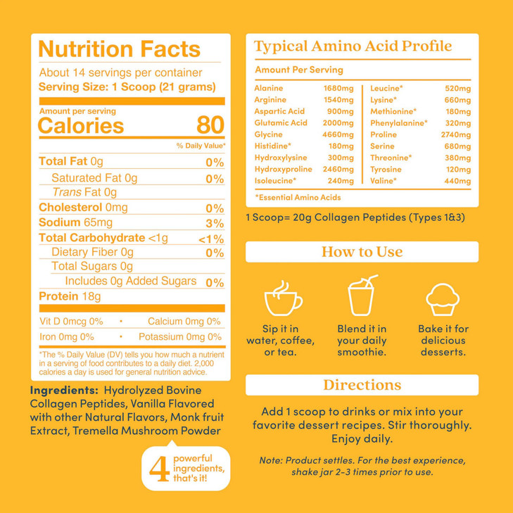 Further Food Vanilla Collagen Peptides Powder with Tremella Mushroom  100% Grass-Fed, Hydrolyzed Type 1 & 3, 20g of Collagen per Serving, Supports S