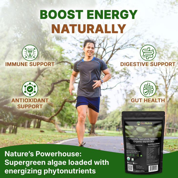 Go Nutra Organic Spirulina Chlorella Tablets 50/50 Blend | Nutrient Dense Superfood - Vegan Protein, Chlorophyll, Enzymes | 500mg Each Chlorella Spir