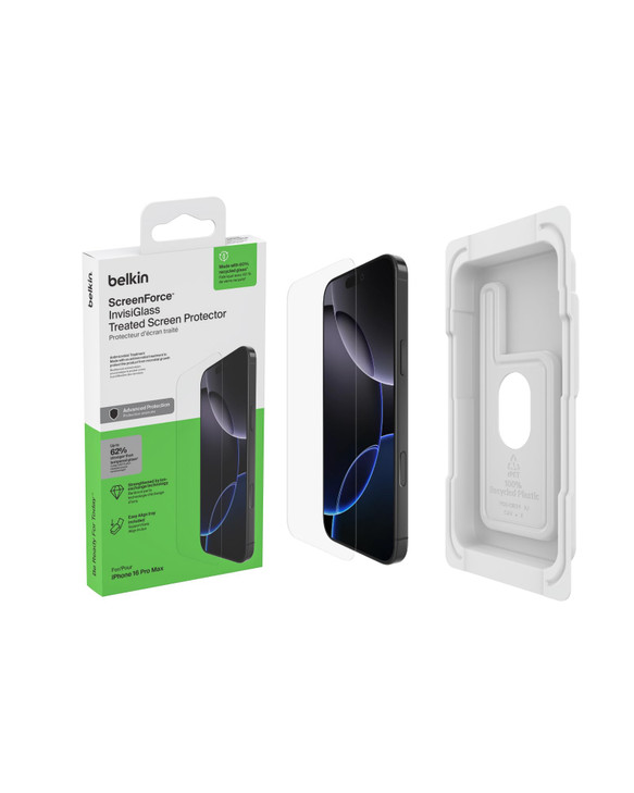 Belkin ScreenForce InvisiGlass Treated Screen Protector for iPhone 16 Pro Max, Scratch-Resistant Impact Protection w/Included Easy Align Tray for Bub