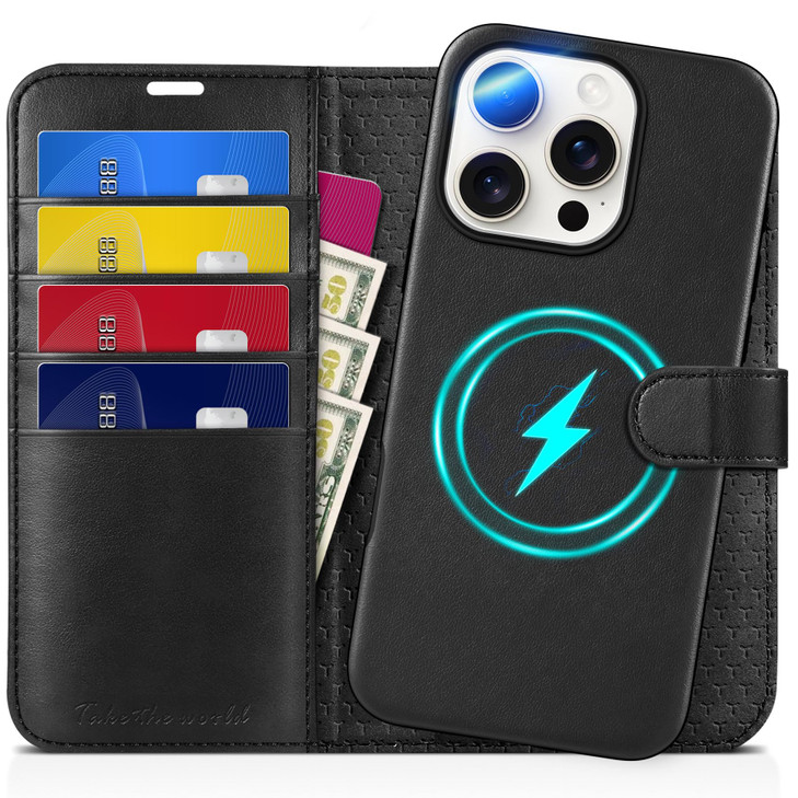 TUCCH Wallet Case for iPhone 16 Pro, Removable 2 in 1 RFID Blocking [4 Card Slots] [Wireless Charging] Kickstand PU Leather Magnetic Detachable Prote