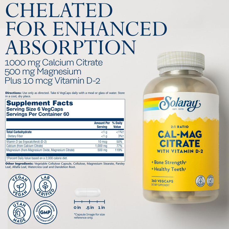 Solaray Calcium Magnesium Citrate 2:1 Ratio - Calcium Supplements for Women and Men w/Magnesium and Vitamin D 2 - Bone Health, Muscle and Nerve Suppo