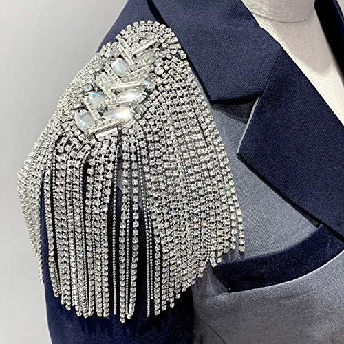 Beaded Crystal Shoulder Patches Motifs Fringe Tassel Epaulets Shoulder Brooches 2 Pieces (Silver)