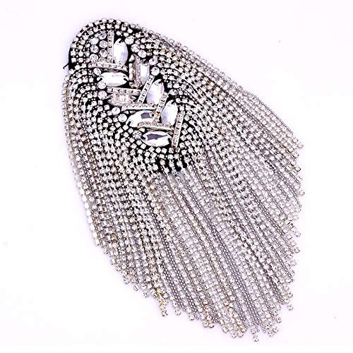 Beaded Crystal Shoulder Patches Motifs Fringe Tassel Epaulets Shoulder Brooches 2 Pieces (Silver)