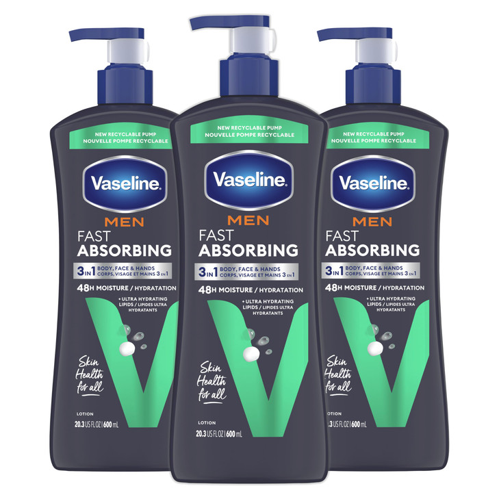 Vaseline Men's Healing Moisture Hand & Body Lotion For Dry or Cracked Skin Fast Absorbing Non-Greasy Lotion for Men 20.3 oz, Pack of 3