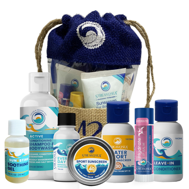 Stream2Sea Natural Hair & Skin Care Gift Set, Body & Face Travel Kit, Shampoo & Body Wash Conditioner, Everyday Mineral Sunscreen, Tinted Sunscreen,