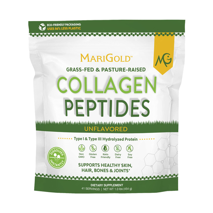 MariGold Grass-fed Collagen Peptides Powder Unflavored 1LB - 100% Pure, Type I & III Bovine Hydrolyzed Collagen, Non-GMO, Hormone-Gluten-Dairy Free,