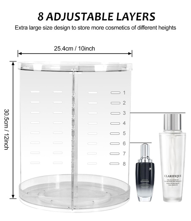 AMEITECH Rotating Makeup Organizer, 360 Spinning Skincare Organizers, 8 Adjustable Layer Cosmetic Storage Case with Brush Holder Perfume Tray for Van