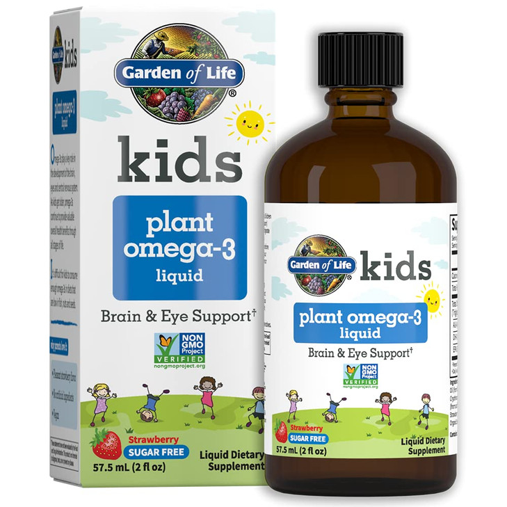 Garden of Life Kids Plant Omega-3 Liquid, Strawberry - Vegan Brain & Eye Support for Kids, Plant-Based Children's Omega 3 ALA, DHA & EPA Supplement f