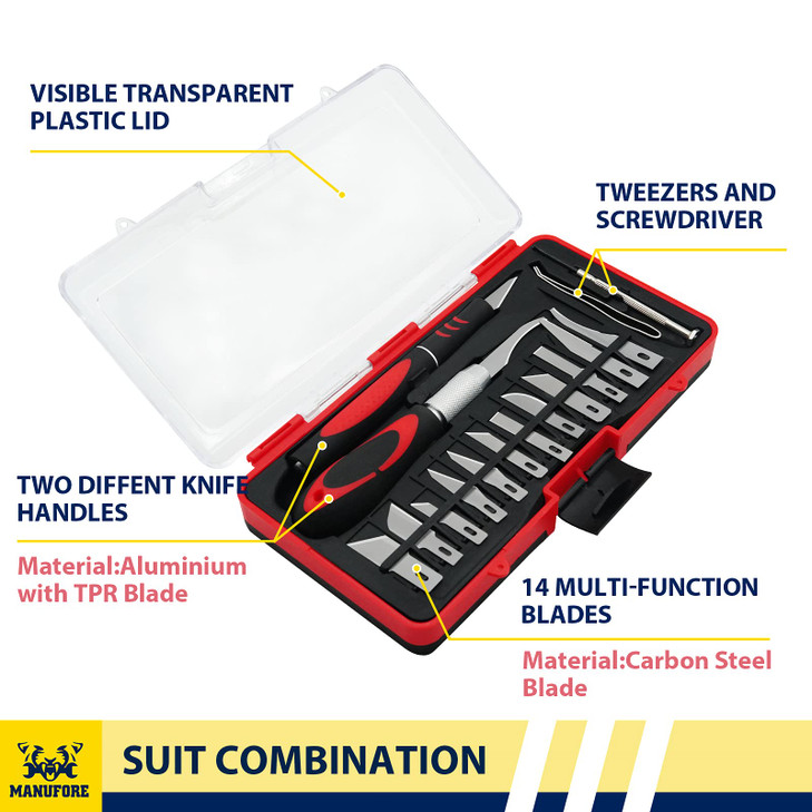 MANUFORE 19pcs Craft Knife Hobby Knife with Anti-Slip Handle Engraving Tool cuchillo de precisión hobby for Art Modeling, Scrapbooking and Sculpture