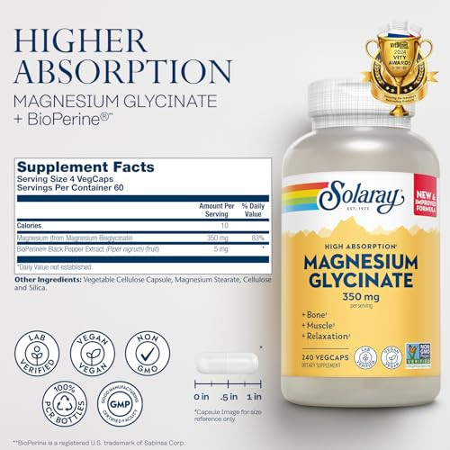 Solaray Magnesium Glycinate, New & Improved Fully Chelated Bisglycinate with BioPerine, High Absorption Formula, Stress, Bones, Muscle & Relaxation S