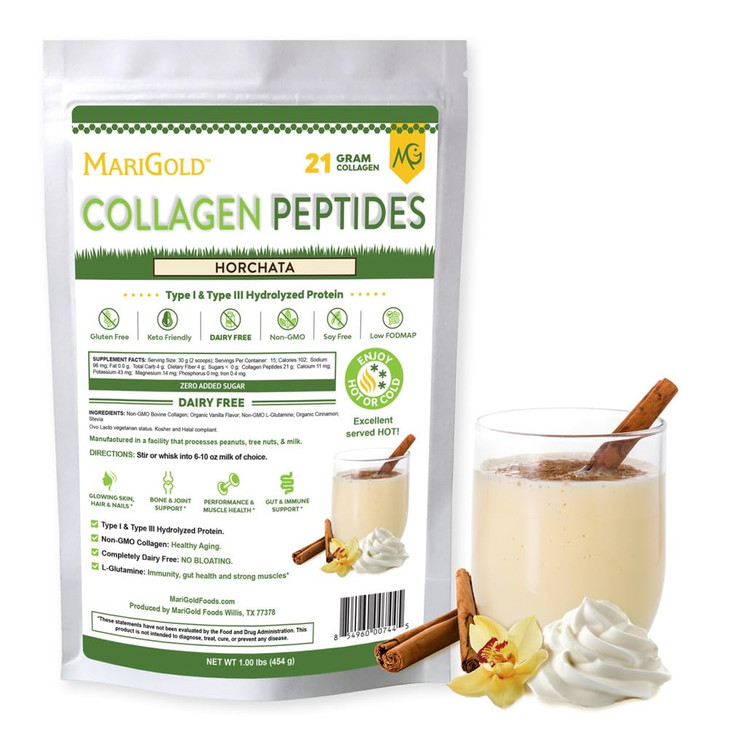 MariGold Grass-fed Collagen Peptides Protein - Horchata 1LB - 100% Pure, Type I & III Hydrolyzed Bovine Collagen, Non-GMO, Hormone Free, Dairy Free,