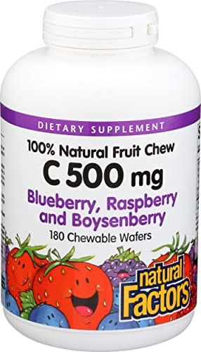 Natural Factors, Kids Chewable Vitamin C 500 mg, Supports Immune Health, Bones, Teeth and Gums, Blueberry, Raspberry and Boysenberry, 180 Count (Pack
