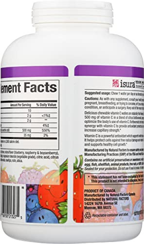 Natural Factors, Kids Chewable Vitamin C 500 mg, Supports Immune Health, Bones, Teeth and Gums, Blueberry, Raspberry and Boysenberry, 180 Count (Pack