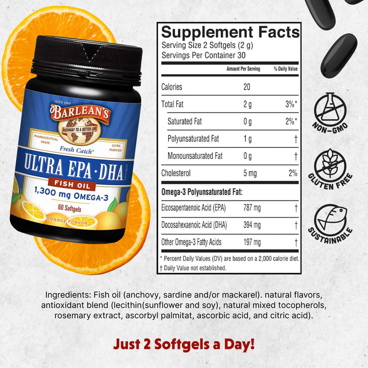 Barlean's Omega 3 Fish Oil Supplements, Supplement Softgels for Men and Women, 1300 mg Ultra EPA and DHA Fatty Acids, Orange Flavored, 60 Count
