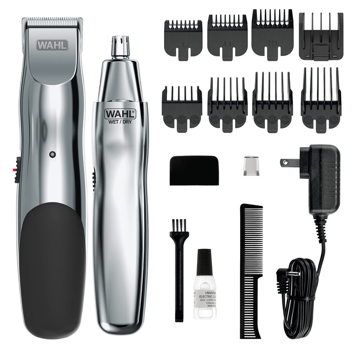 Wahl Groomsman Rechargeable Beard Trimmer kit for Mustaches, Nose Hair, and Light Detailing and Grooming with Bonus Wet/Dry Battery Nose Trimmer  Mo