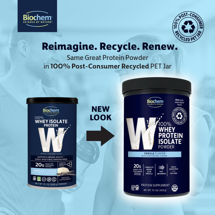 Biochem 100% Whey Isolate Protein - Vanilla Flavor - 15.1 Ounce - Supports Immune Health - Easily Digestible - Refreshing Taste - 20g Vegetarian Prot