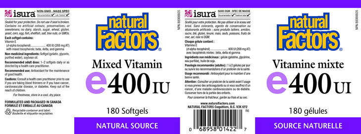 Natural Factors, Mixed Vitamin E 400 IU, Antioxidant Support for Cardiovascular and General Health, 180 softgels (180 servings)